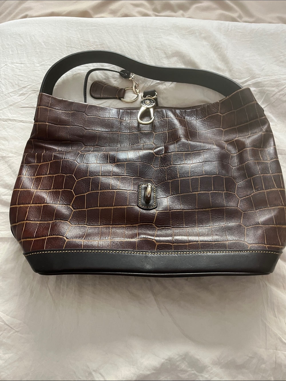 Dooney Bourke Dark Brown Croc-Embossed Leather Shoulder Bag with Silver Hardware